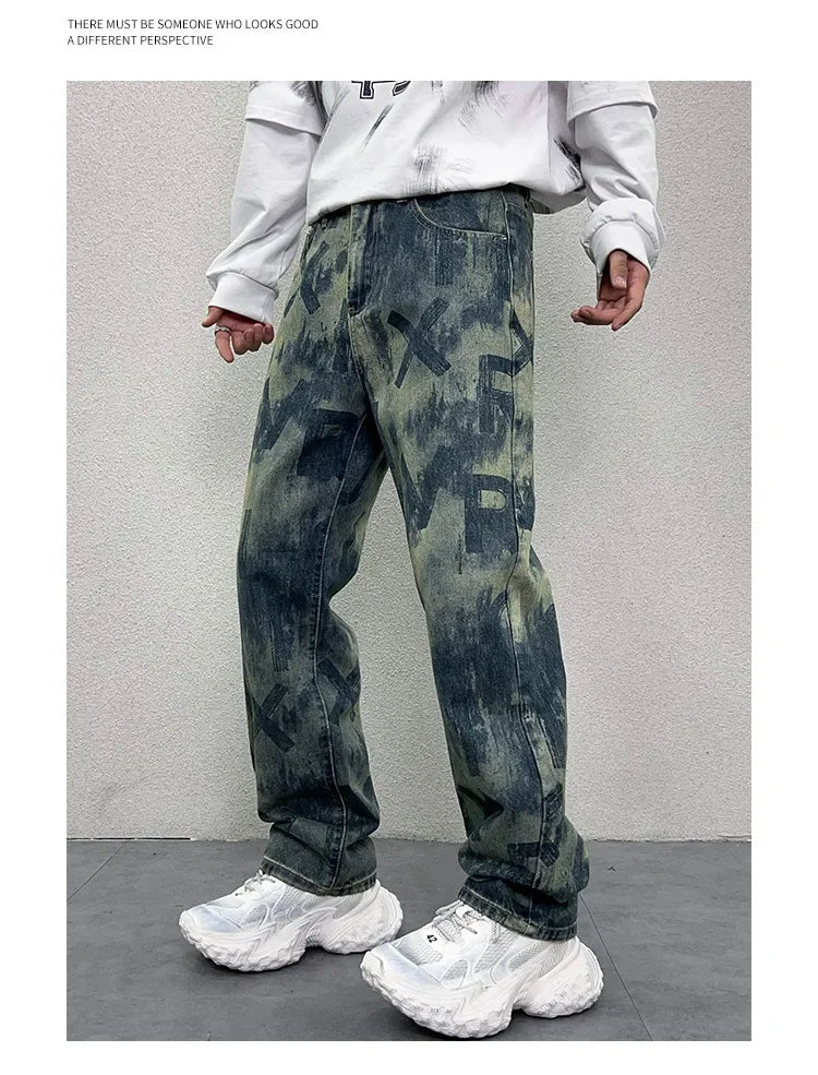 men loose casual american high street hip hop vibe printed denim baggy jeans pants man streetwear ripped jeans trousers unique jeans style 3092