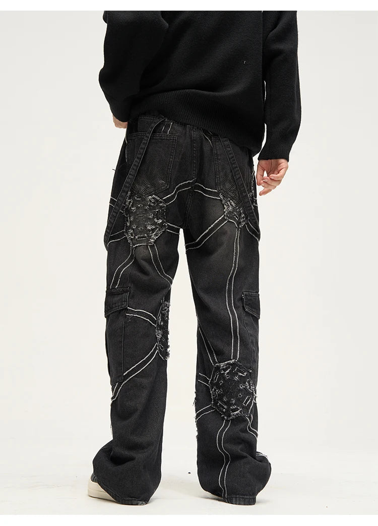 punk belt denim jeans pants women harajuku streetwear side pocket cotton men unisex casual baggy joggers straight pants trousers unique joggers style 4368