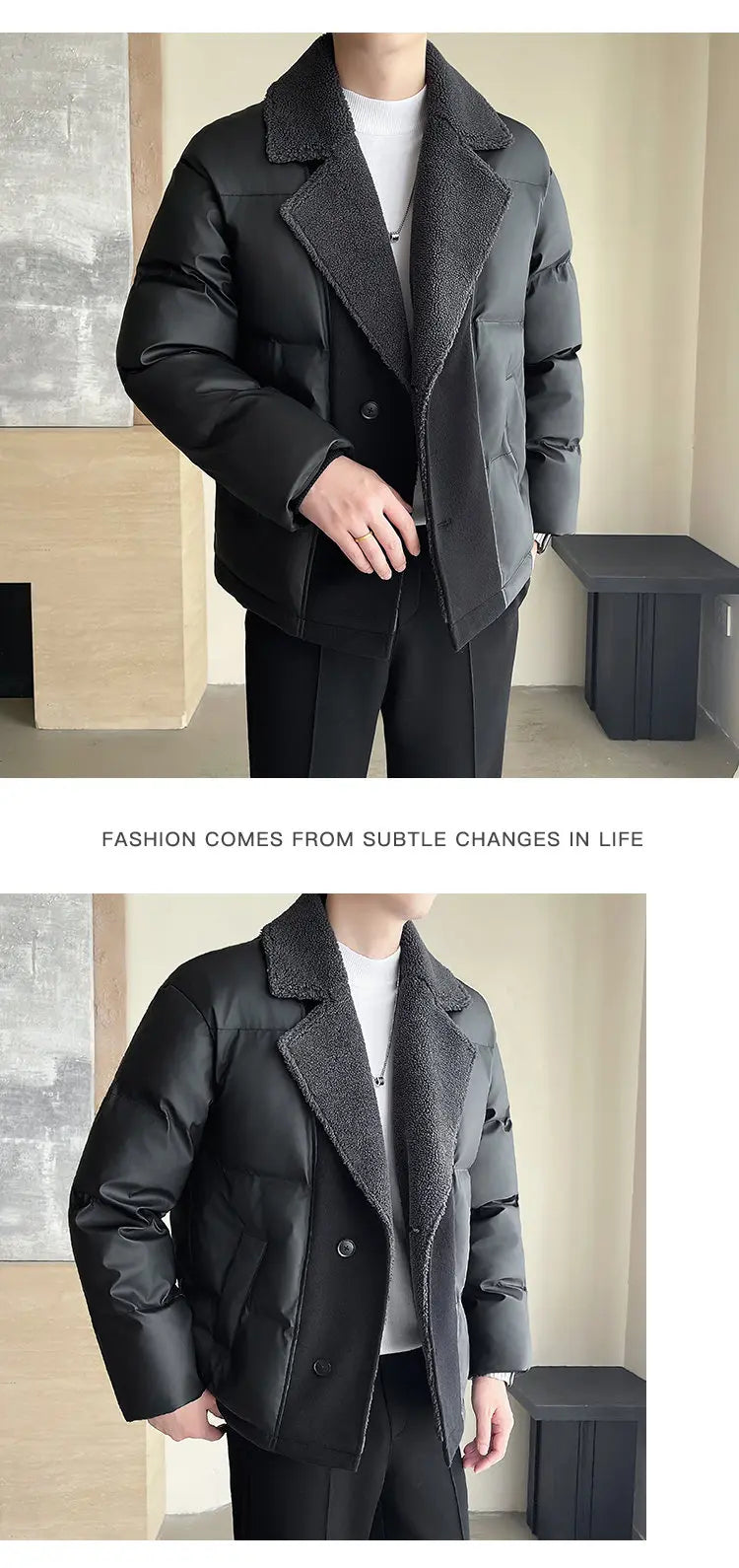 Men Winter Faux Fur Collar Splice Leather Business Casual Cotton-padded Jacket Streetwear Fashion Loose Leather Parka Coat