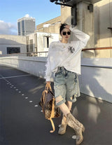 sssaint Louis Vintage Dirty Worn Distressed Cross Print High-Street Graffiti Long Sleeve T Shirt Pullover Summer