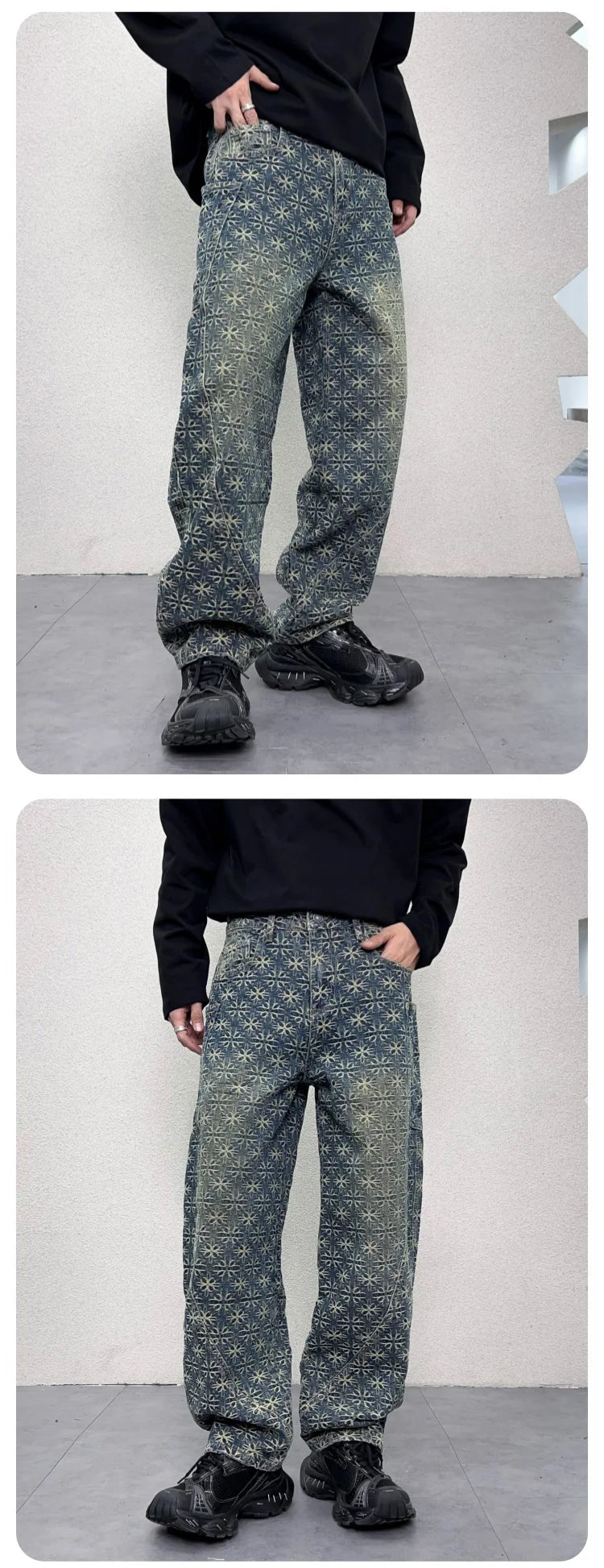 men jacquard loose casual hip hop vibe splice pocket denim baggy jeans pants man streetwear ripped jeans trousers boyfriend unique jeans style 3136