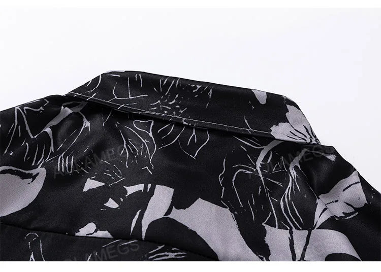 Men Hawaiian Shirt Retro Floral Print Short Sleeve Blouse Hong Kong Style Summer Beach Vacation Tops Casual Loose Shirt Black
