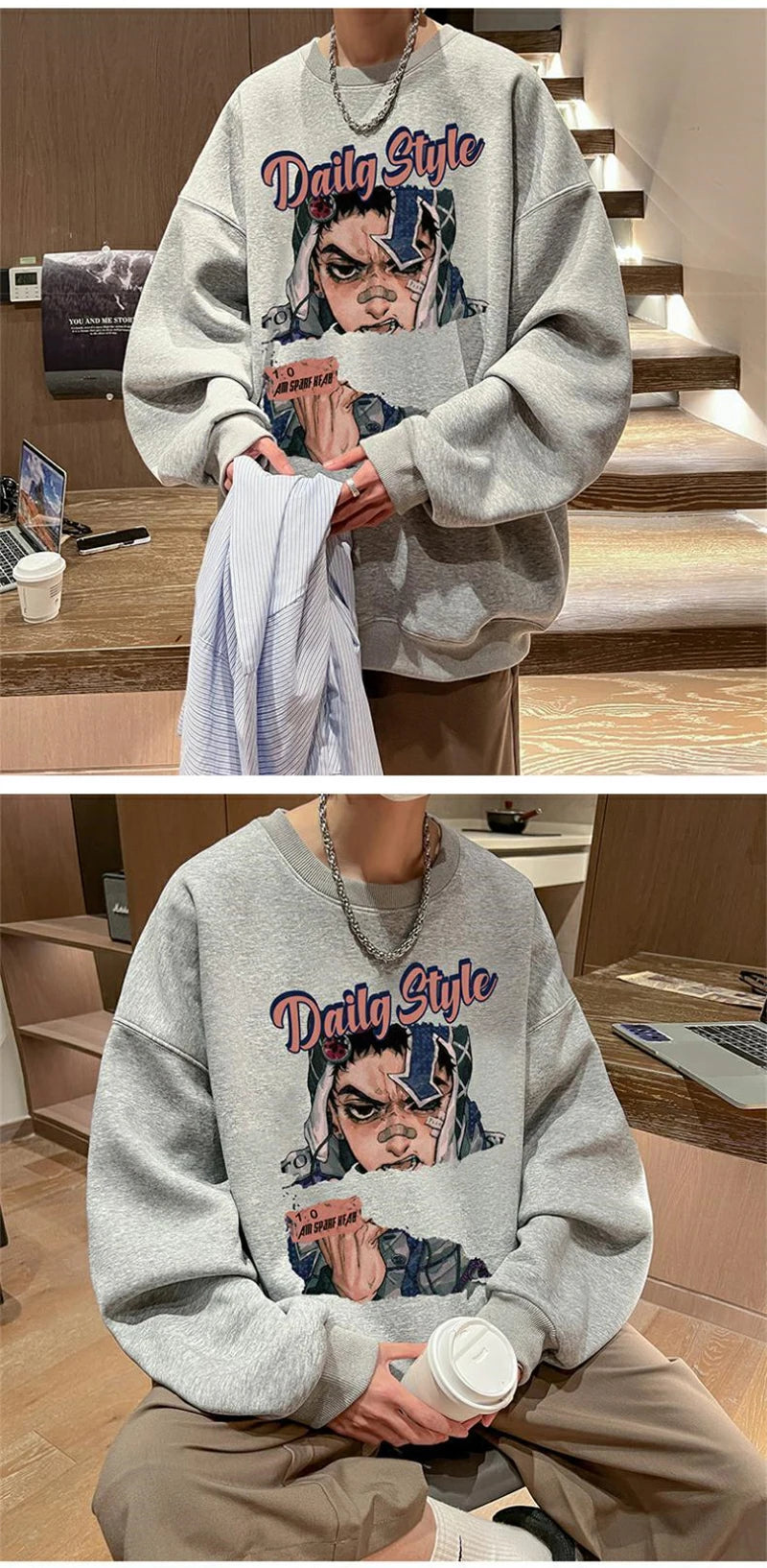 New Anime Boy Printed Mens Crewneck Sweatshirts Autumn Y2K Vintage Fleece