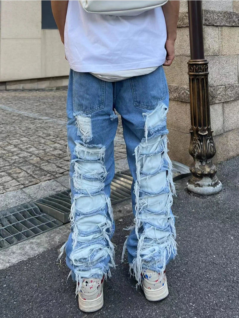 fashion destroyed ripped tassel holes denim jean pants mens casual loose straight baggy y2k jeans hip hop streetwear joggers relaxed fit joggers