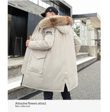Korean Style Winter Long Parka Coat Men Woman Down Jacket Clothing Hooded Fur Collar Thicken Warm Leisure Lovers Overcoat