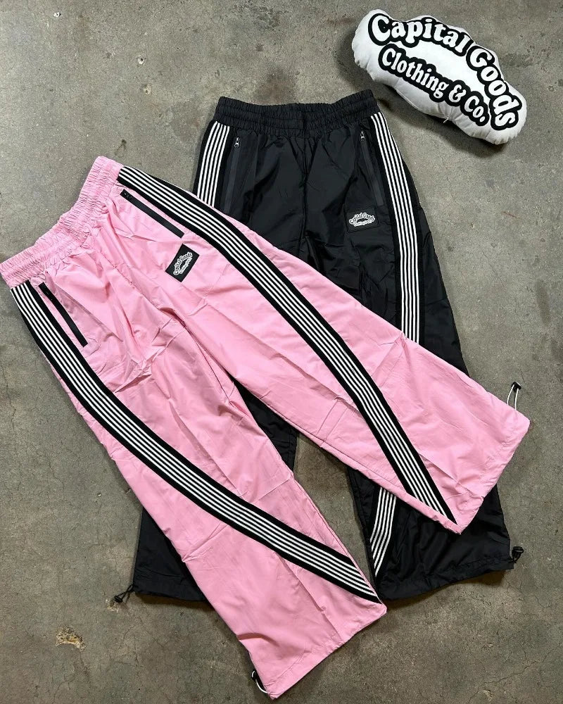 harajuku trend zipper pocket nine point pants striped elastic men casual pants personality hip hop loose sports wide leg pants minimalist street pants