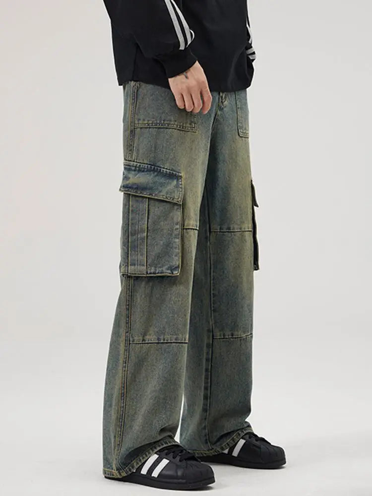 spring and autumn retro men and women trendy straight tube multi pocket work clothes jeans american couple loose casual pants stacked flare jeans