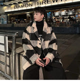 Plaid Woolen Trenchcoat Men Autumn Winter Fashion Retro Streetwear Suit Collar Loose Casual Trendy Trench Coat Outerwear