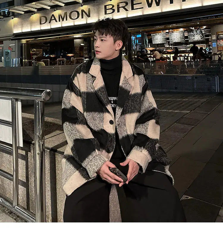 Plaid Woolen Trenchcoat Men Autumn Winter Fashion Retro Streetwear Suit Collar Loose Casual Trendy Trench Coat Outerwear