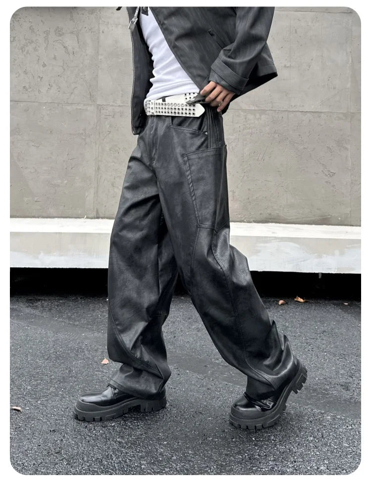 men brand fashion splice pocket loose casual wide leg leather baggy pant cityboy streetwear cargo motorcycle pants trousers unique cargo style 2568