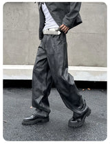men brand fashion splice pocket loose casual wide leg leather baggy pant cityboy streetwear cargo motorcycle pants trousers unique cargo style 2568