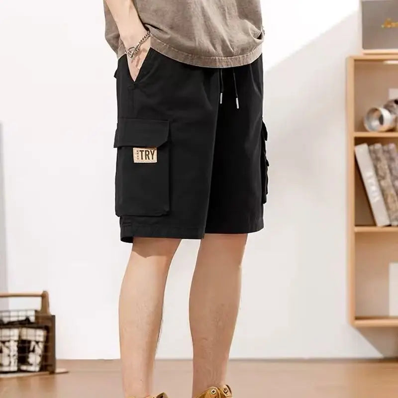 Men's Straight Tooling Shorts for Men Korean Fashion Belt Decoration Khaki Casual