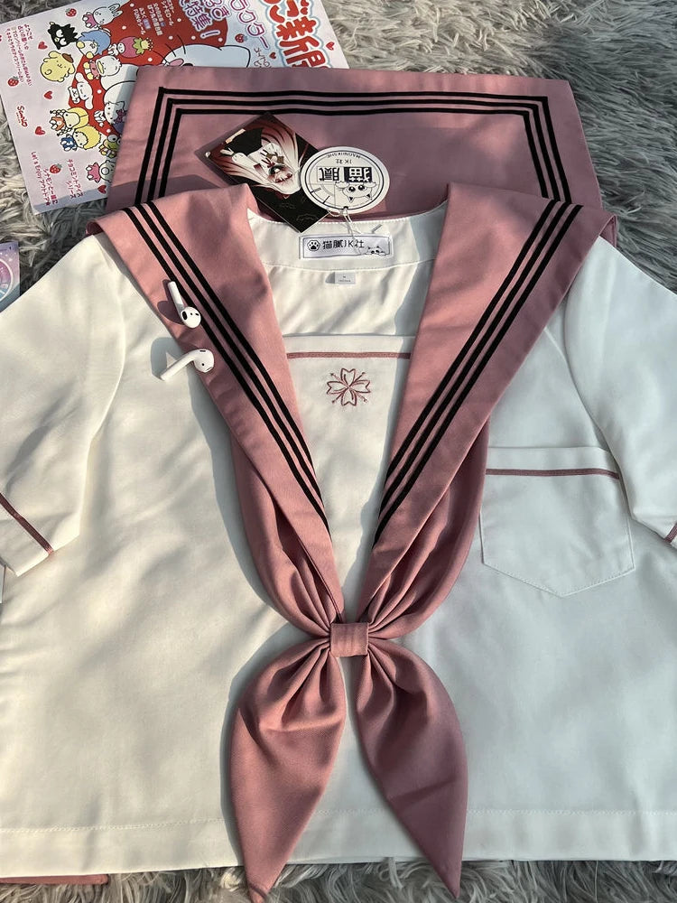 JK Original Kawaii Suit Japanese Genuine Cherry Blossom Embroidered Top + Dark Bad Jk Uniform Skirt Girly Sailor Suit