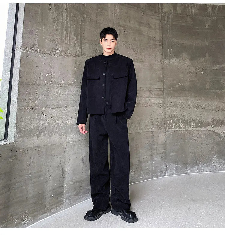 men 2 pieces sets corduroy short jacket wide leg pant suits korean streetwear fashion loose casual retro coat baggy trousers unique shorts style 2812