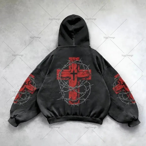 Gothic Punk Style Y2K Harajuku Retro Hoodie Cross Hip-hop Casual Loose Oversized Sweatshirt Men American Trend Brand Streetwear