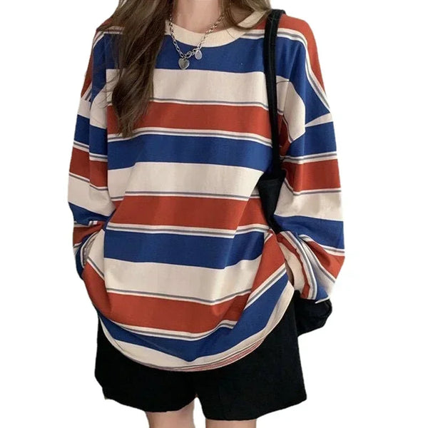 Harajuku Vintage print – Women T Shirts Striped Sweatshirt Thin Tops 2024 Spring Wome