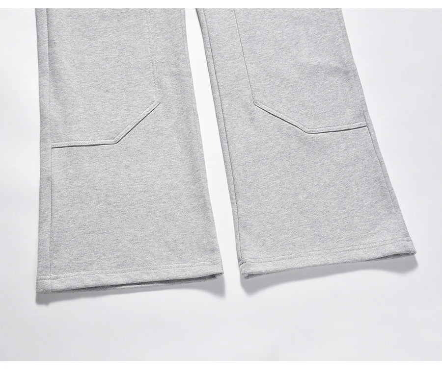 american streetwear gray flared sweatpant men double knee patch micro flare overalls harajuku casual patchwork sweat pants black unique joggers style 2965