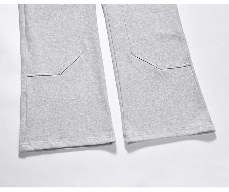 american streetwear gray flared sweatpant men double knee patch micro flare overalls harajuku casual patchwork sweat pants black unique joggers style 2965