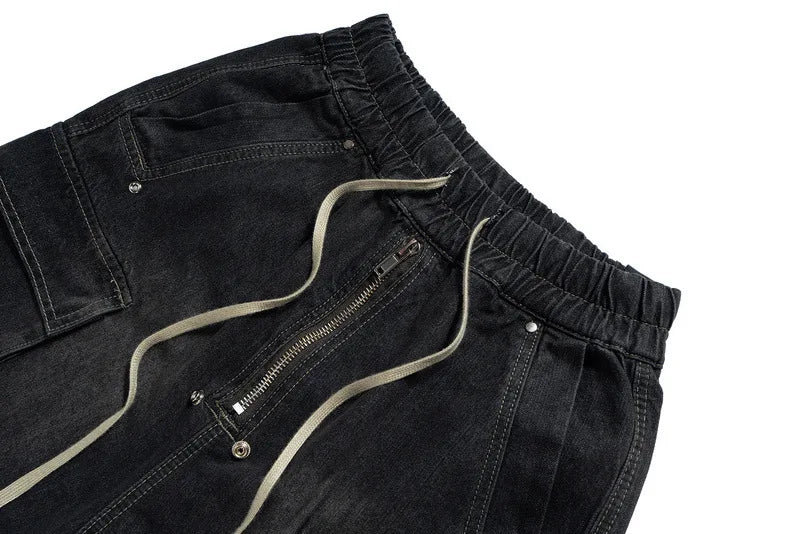 Men's and Women's High Street Vintage Splicing Cat Whisker Cargo Denim Shorts Zip Up Raw Edges Pockets Mens Jeans Shorts Ribbon