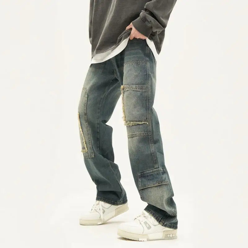 american high street trendy men and women trendy personalized straight tube washed jeans couple loose retro casual pants y2k urban skinny jeans