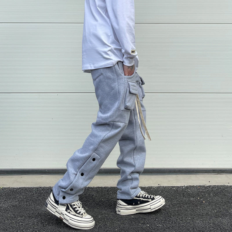 mens high street loose fit elastic waist pants winter warm fleece pants bottons hip hop drawstring sportwear sweatpants joggers unique joggers style 3049