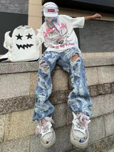 destroy ripped holes front letters embroidery denim jean pants men casual harajuku jean trouser hip hop streetwear pants joggers unique joggers style 3135