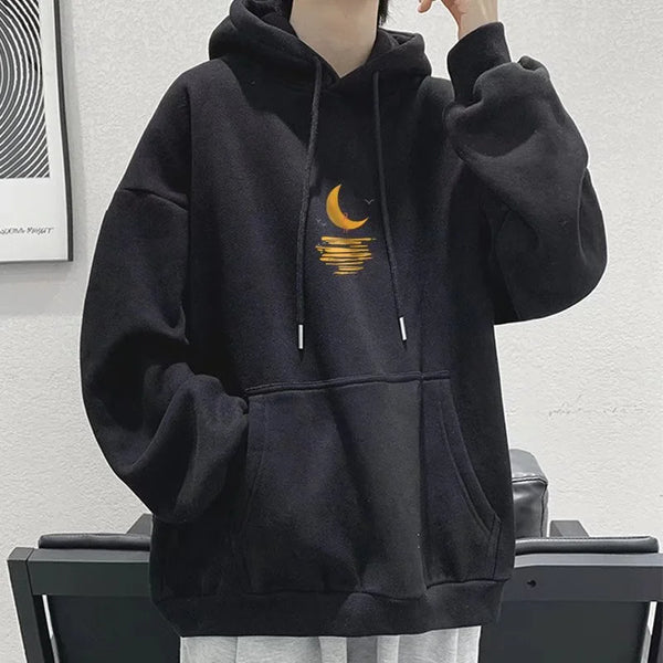 Cartoon Moon Graphic Hoodies Men Casual Hip Hop Streetwear Fleece