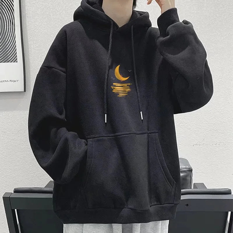 Cartoon Moon Graphic Hoodies Men Casual Hip Hop Streetwear Fleece
