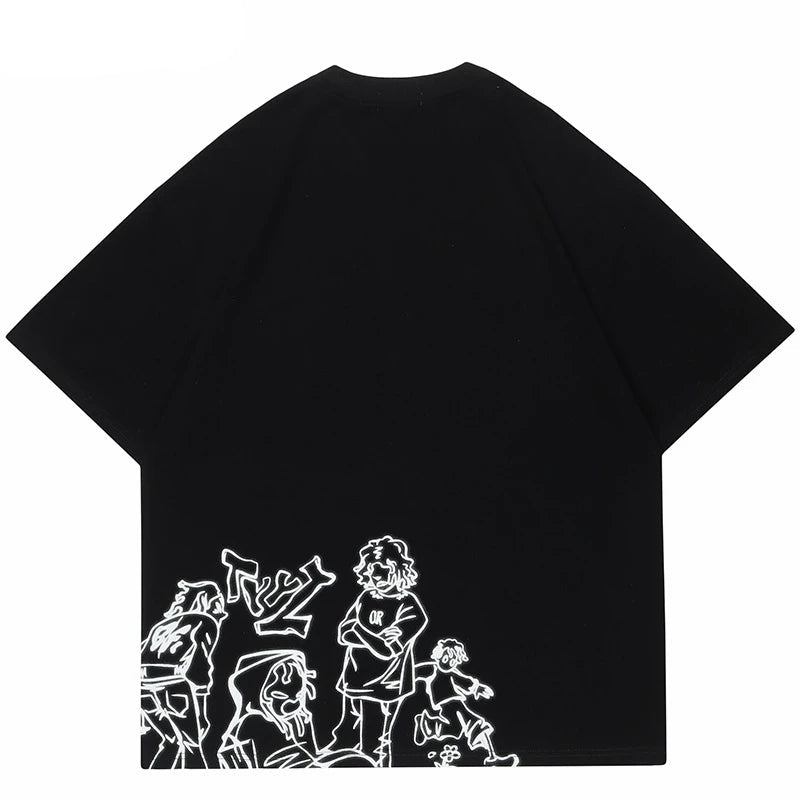 Skatercore Aesthetic print tee – 2023 Harajuku Cartoon Girl Cat Japanese Kanji Graphic T Shir
