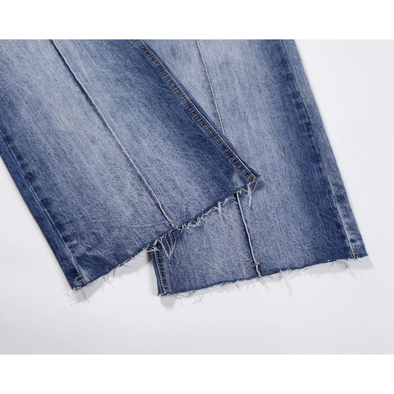 american vintage trendy deconstructed ruffled denim jeans mens flared distressed jeans pants high street straight jeans for male unique jeans style 781