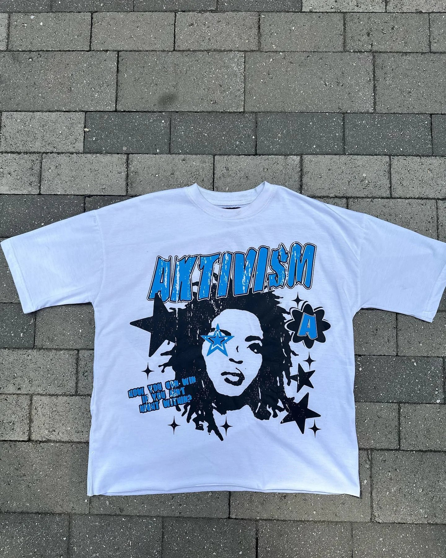 manga glitch font tee with fire overlay and static haze