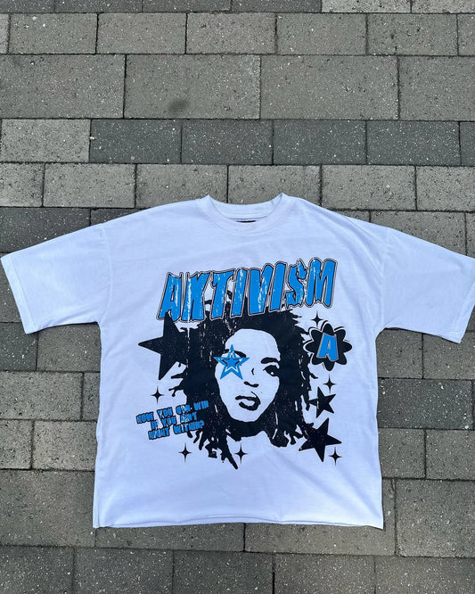 manga glitch font tee with fire overlay and static haze