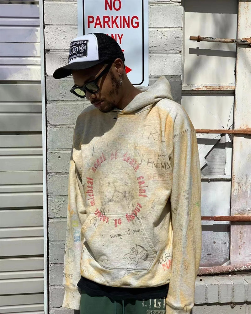 2024 New Arrival Vintage SM Brand Fashion Hand painted Graffiti Vintage ripped distressed hoodie Sweatshirt