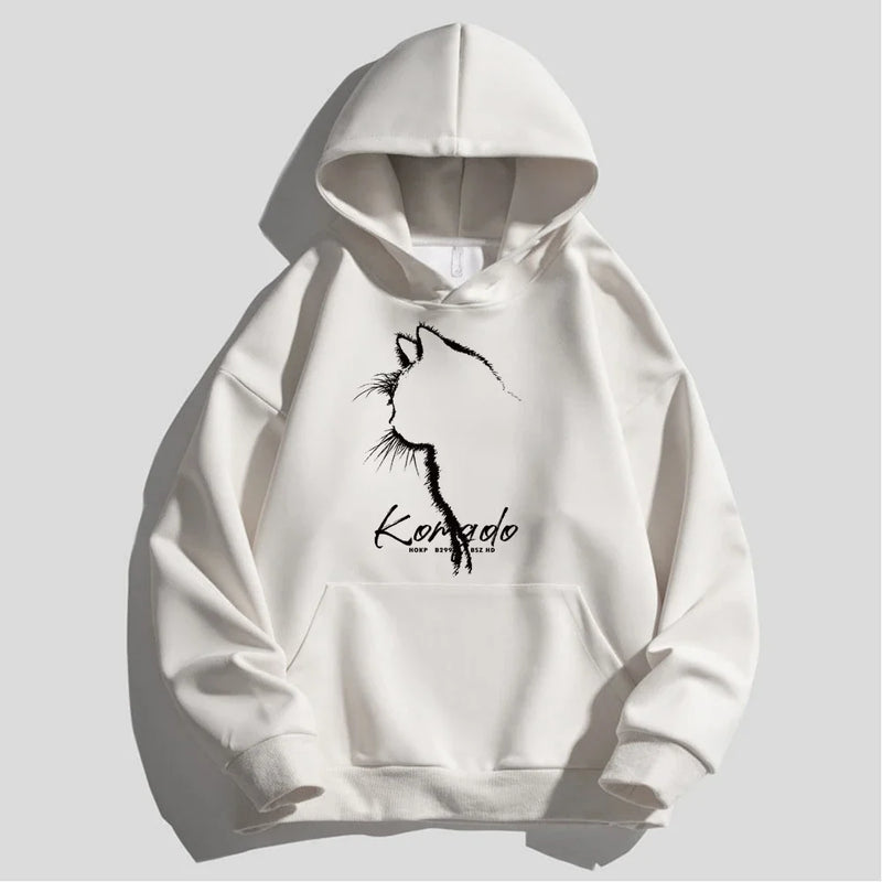 Autumn Men's Cotton Hoodie Winter Women's Warm Hoodie Sketching Cat Print Large Top Japan Harajuku High Quality Men's Clothing
