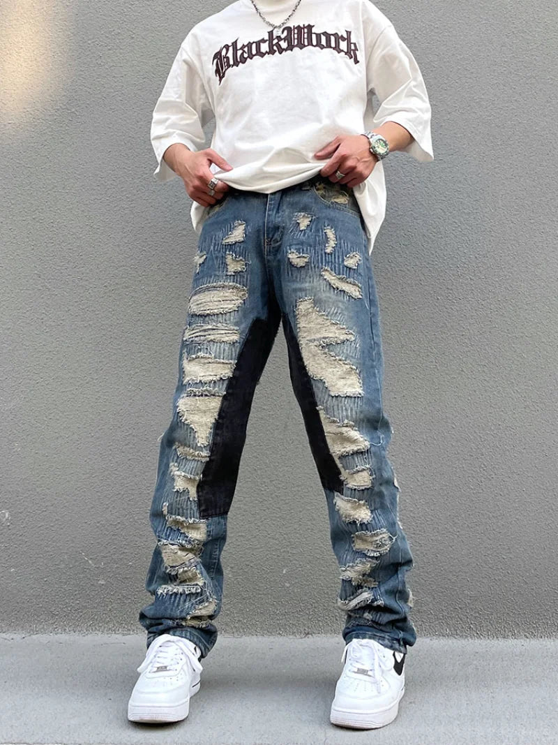 destroy ripped scratched patchwork denim jeans mens casual straight biker zipper trousers streetwear hip hop jean pants joggers relaxed fit joggers