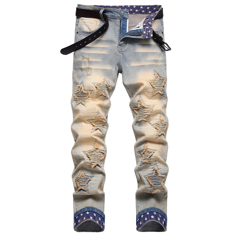 star splicing men jeans vintage blue straight denim pants y2k streetwear man fashion jeans trousers unique jeans style 4603