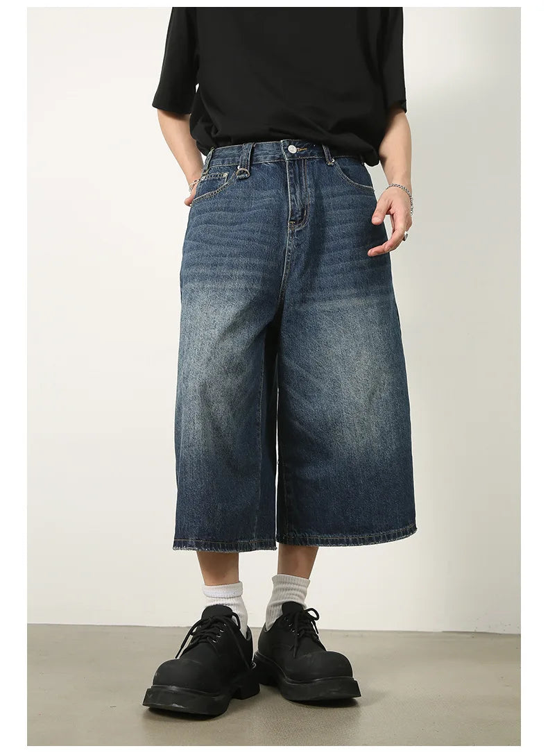 men summer streetwear fashion loose casual wide leg denim calf length jeans pants male vintage jeans baggy hosen pants unique jeans style 1495