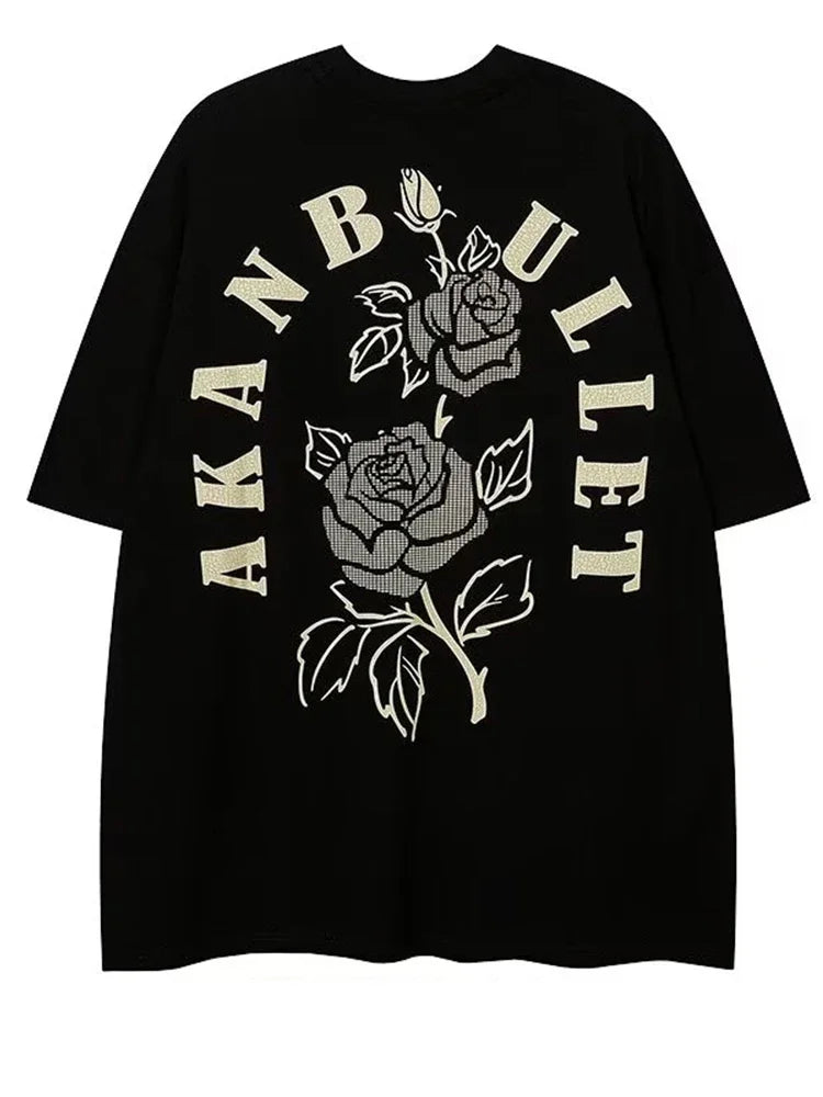 Harajuku Crying character – Floral Rose Graphic Printed Short Sleeve T Shirt For Men Hip