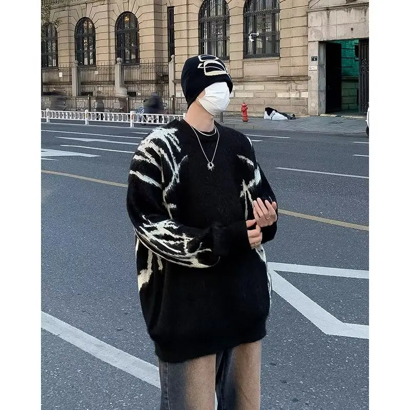 bold graphic pullover, layered streetwear look, soft knit pullover with flame design, y2k fashion statement