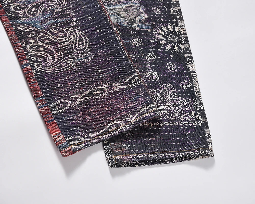 hip hop distressed paisley patchwork baggy jeans pants for men straight y2k ripped casual cargos oversized denim trousers baggy cargo bottoms