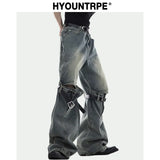 mens knee patchwork belts denim jeans unisex hip hop fashion streetwear harajuku loose flare straight y2k jean pants joggers sporty tapered joggers