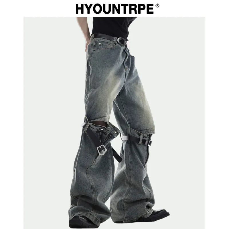 mens knee patchwork belts denim jeans unisex hip hop fashion streetwear harajuku loose flare straight y2k jean pants joggers sporty tapered joggers