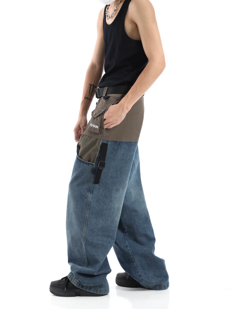 high street cargo pocket patchwork denim jeans pants unisex fashion loose wide leg straight functional tactics pants joggers men unique joggers style 1750