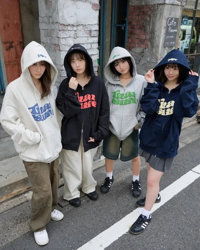 Trendy Brand Casual Loose Versatile Letter Printed Zipper Hoodie Women