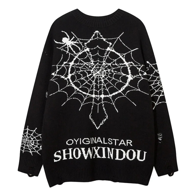 hip hop knitted sweater men winter o neck anime spider web pattern pullover streetwear casual loose sweater warm jumper knitwear 1 unique limited edition hoodie, Y2K vintage urban hoodie, high quality cotton pullover