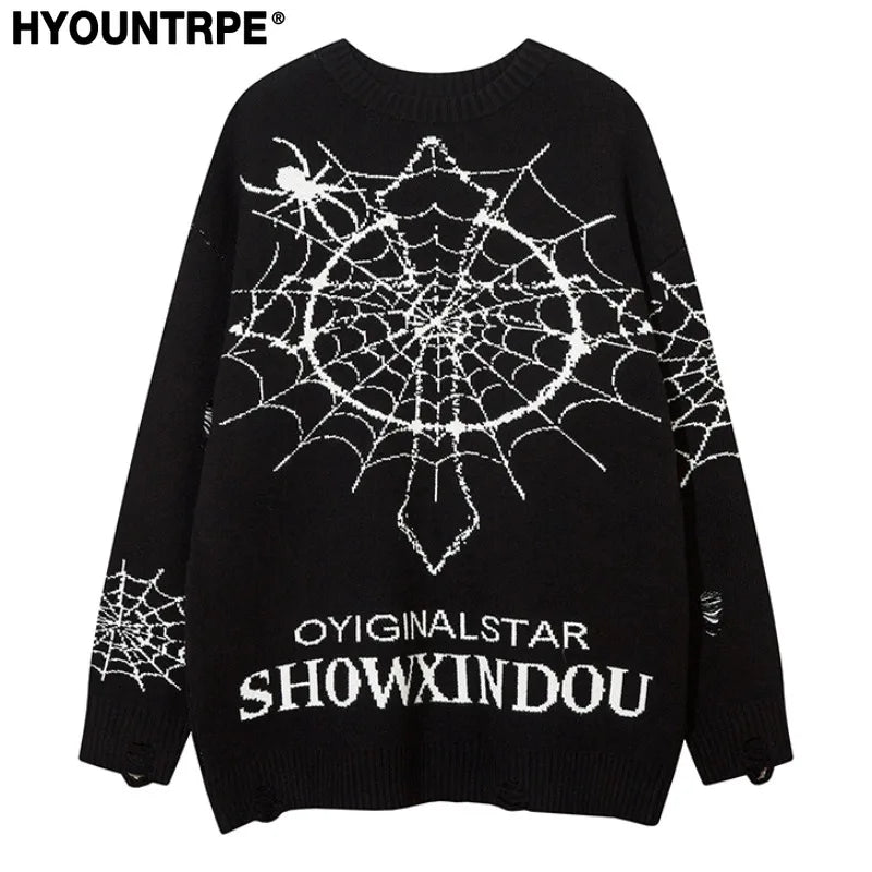 hip hop knitted sweater men winter o neck anime spider web pattern pullover streetwear casual loose sweater warm jumper knitwear 1 unique limited edition hoodie, Y2K vintage urban hoodie, high quality cotton pullover
