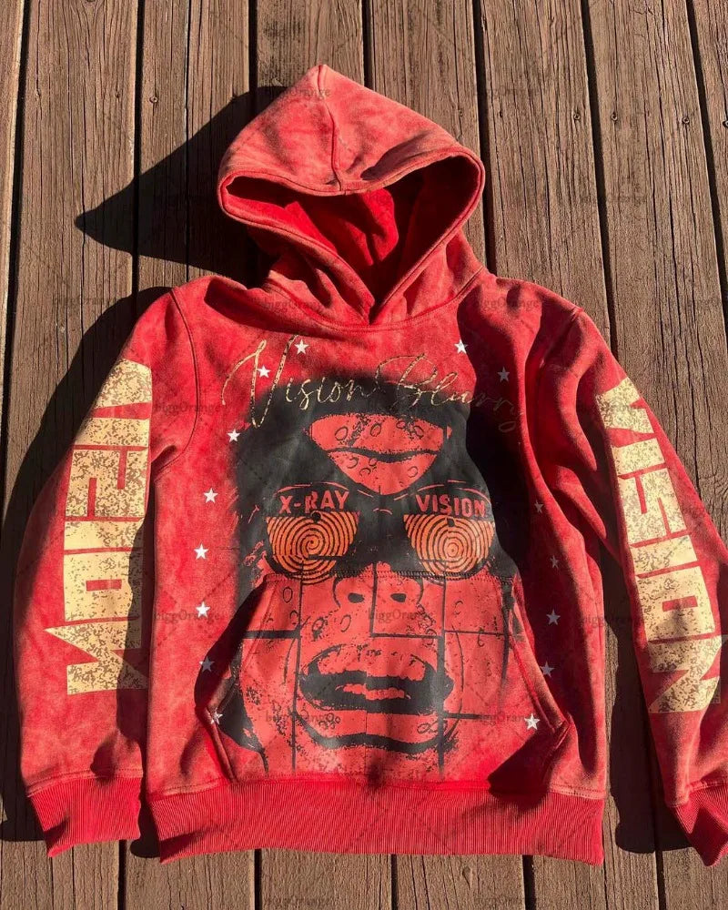 American Gothic Punk Cartoon Letter Print Oversized Hoodie Mens Fashio