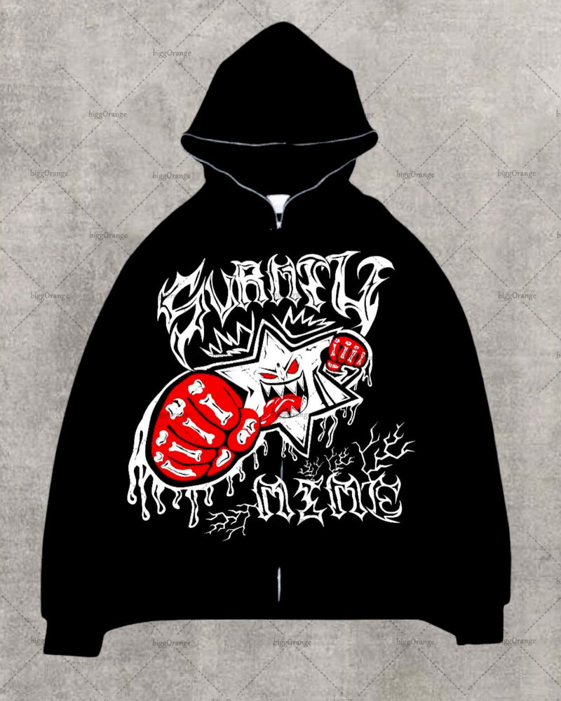 American Gothic Cartoon Letter Print Oversized Hoodie Womens Y2K Stree