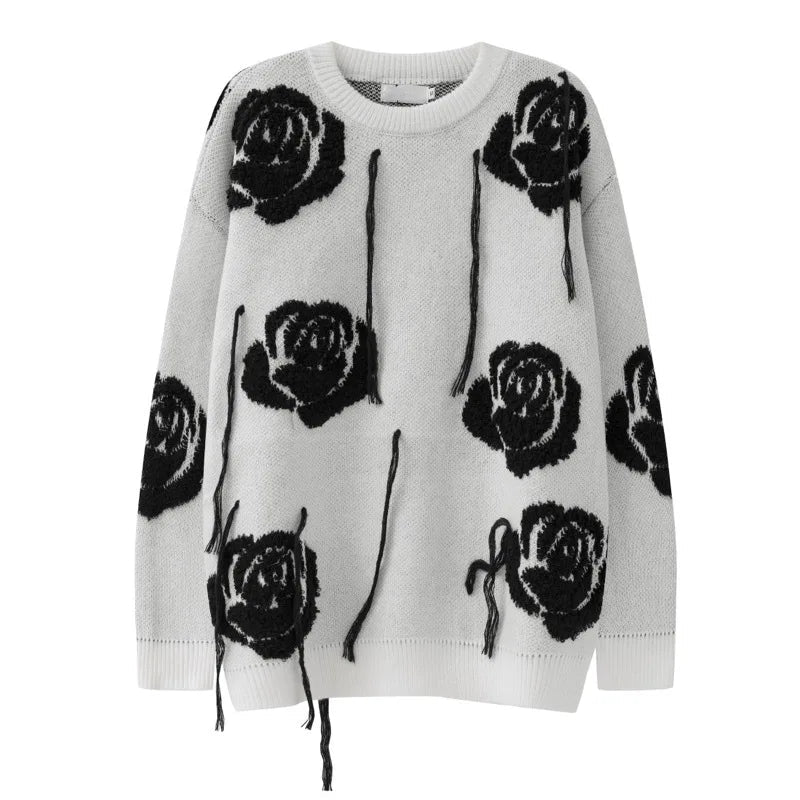 fashion floral pattern knitted sweater men new casual o neck pollover unisex harajuku y2k streetwear loose knit sweaters jumpers - Y2K grunge street style, high quality cotton hoodie, graphic printed hoodie for men and women