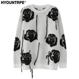 fashion floral pattern knitted sweater men new casual o neck pollover unisex harajuku y2k streetwear loose knit sweaters jumpers - Y2K grunge street style, high quality cotton hoodie, graphic printed hoodie for men and women